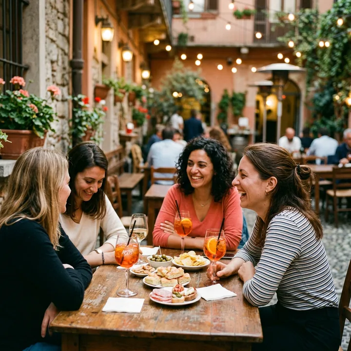 Un gruppo di amiche ride durante un aperitivo in un cortile