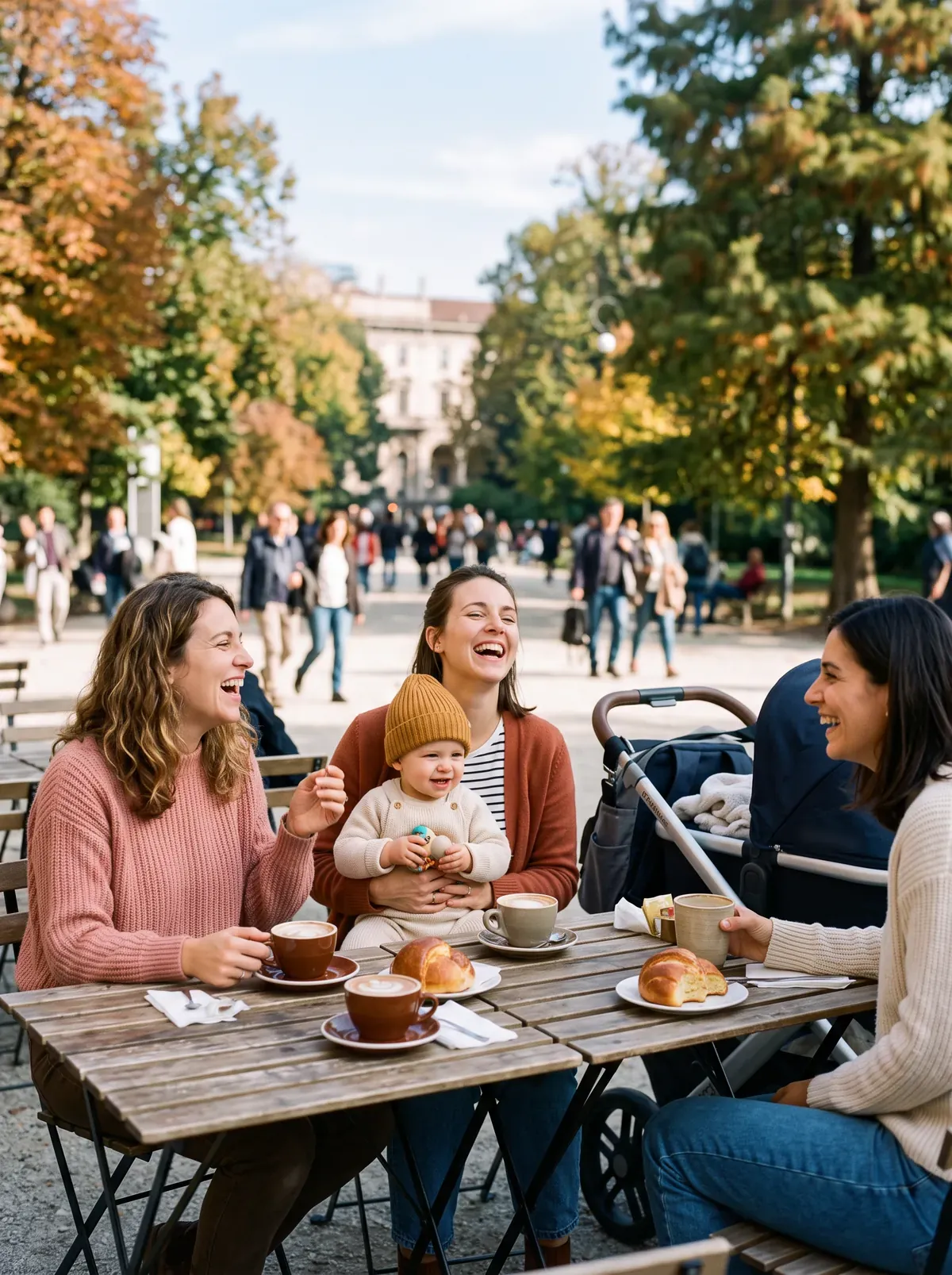 Tre mamme ridono a una colazione all'aperto al parco, una con un bimbo in braccio