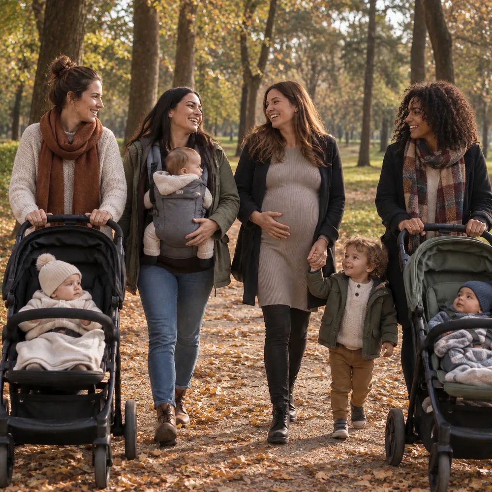 Quattro mamme passeggiano al Parco Castello d'autunno con passeggini e marsupio; una, in dolce attesa, tiene per mano un bimbo