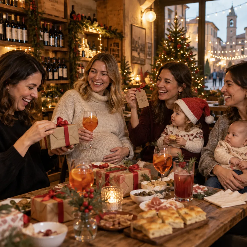 Mamme che si scambiano i regali del Secret Santa con un aperitivo; una è in dolce attesa, una tiene in braccio il figlio col cappellino di Natale